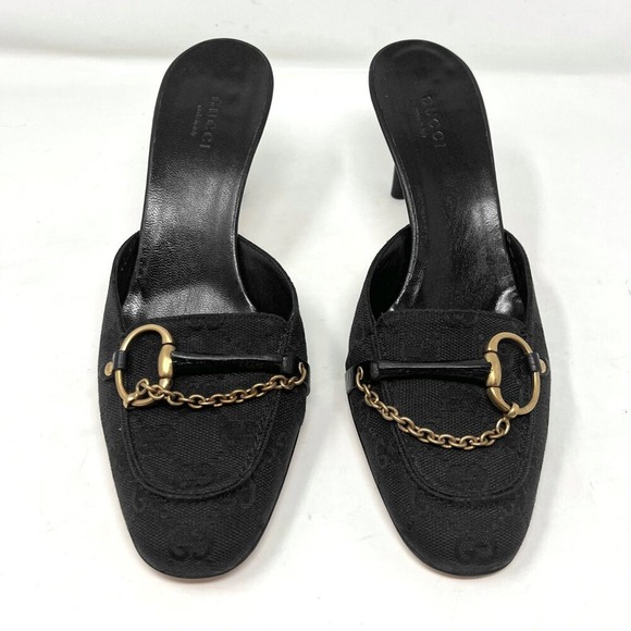 Vintage Gucci GG Monogram Horsebit Chain Mule Heels Y2K Black 37.5 C - Picture 2 of 10